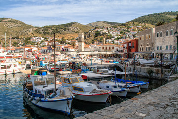 traditional boats at port in Hydra island Saronic Gulf Greece