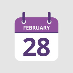 Flat icon calendar 28th of February isolated on gray background. Vector illustration.