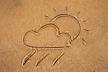 Cloud with rain and sun drawn on sandy beach. Sign for forecast of weather
