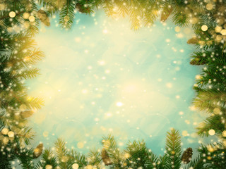 Fototapeta na wymiar christmas garland lights on fir branches on wooden background