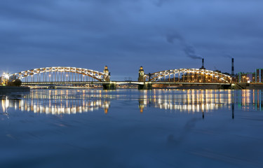 Evening Neva overlooking Bolsheokhtinsky Bridge. St. Petersburg. Russia