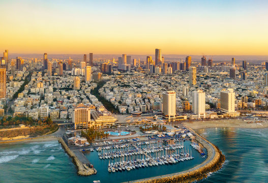 Aerial view of Mediterranean Seashore of Tel Aviv,  Israel.