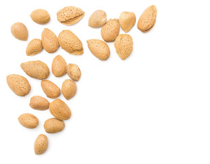 Unshelled almonds top view isolated on white background.