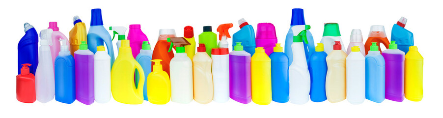 multicolored bottles with household chemicals