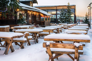 Belgrade, Serbia January 12, 2017: Restaurant with a garden covered with snow