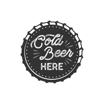 Vintage style beer badge. Ink stamp monochrome design. Cold beer here sign. Letterpress effect for t shirt printing, logotype, signage. Vector isolated on white background. Monochrome