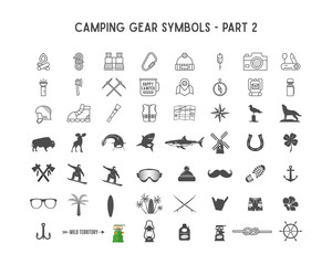 Set of silhouette icons and shapes with different outdoor gear, camping symbols for creating adventure logotypes, badge designs, use in infographics, posters. Isolated on white. Part 2