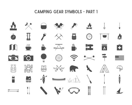 Set Of Silhouette Icons And Shapes With Different Outdoor Gear, Camping Symbols For Creating Adventure Logotypes, Badge Designs, Use In Infographics, Posters. Isolated On White. Part 1