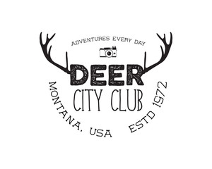 Hand drawn deer vintage badge. Deer city club logo template. Typography insignia with camera. Included deer antlers, text elements. Old style patch. Rustic stamp. Stock 