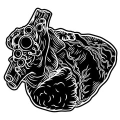 White and black human heart in hand drawn style. Anatomical sketch concept flesh tattoo or print t-shirt, smart phone, poster. Fashionable patch heart sticker. Doodle pop art sketch badge. Vector.