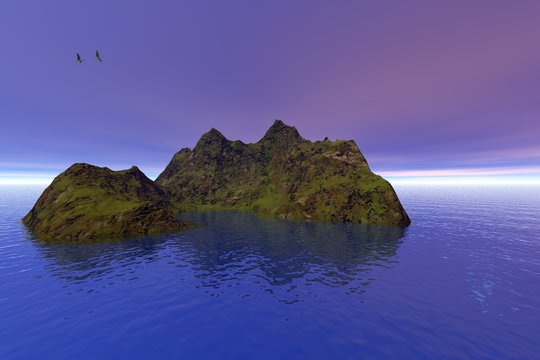 Island, a beautiful  landscape, wonderful sea water and birds in the sky.