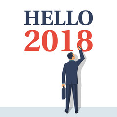 Hello 2018. Man draws on wall. Vector illustration flat design. Isolated on white background. Happy New Year 2018.