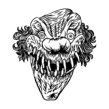 Scary clown head concept of circus horror film character. Laughing angry insane joker head, front face of horror and crazy maniac. Evil smiling character. Blackwork adult flesh tattoo concept. Vector.