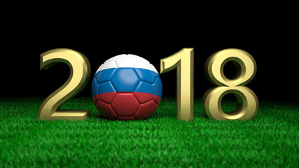 Obraz premium Nowy rok 2018 z flagą Rosji piłki nożnej na trawie, czarne tło. Ilustracja 3D