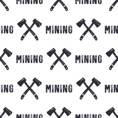 Hand drawn Mining seamless background. Can be used as classicd esignation - gold, silver mining etc. Or modern - Bitcoin or another Cryptocurrency. Monochrome style pattern. Stock 