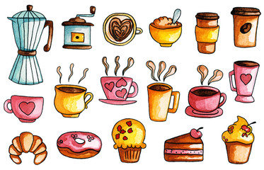 Hand Drawn Watercolor, Coffee Illustrations Set