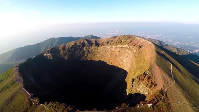 Aerial view, Full crater of the volcano Vesuvius, Italy, Naples, Epic volcano footage from height