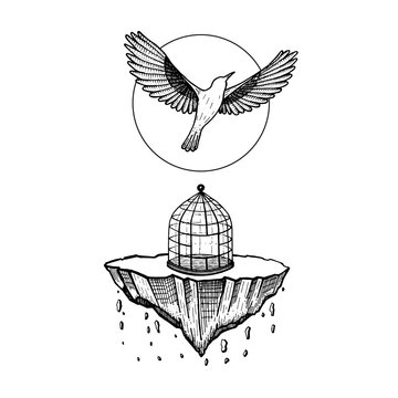 bird flying from cage. the world collapses. stone falling. bird fly to sky. illustration vector. hand drawing. tattoo design. symbol for freedom, life, peace, last time, never see.