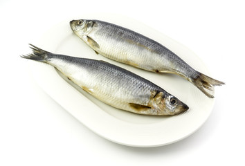 Salted herrings on the plate, isolated on white background.