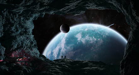 Naklejka premium Astronauts exploring a cave in asteroid 3D rendering elements of this image furnished by NASA