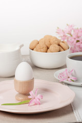 Hyacinth Flowers. Amaretti Biscuits. Boiled Egg. Cup Of Tea