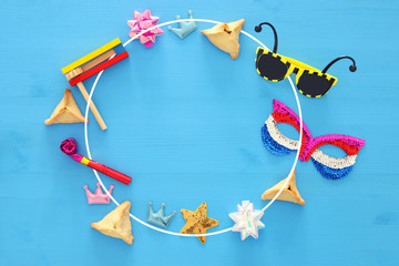 Purim celebration concept (jewish carnival holiday). Top view.