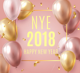 Vector stock elegant pink balloon party happy new year celebration festival background. NYE 2018 confetti greeting background with helium shine gold and pink balloon. Rich, VIP, luxury.
