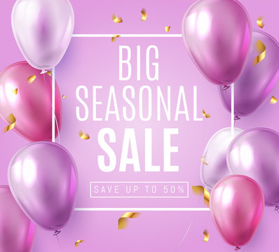 Big Seasonal Final Sale Text, Special Offer Celebrate Background With Purple And Violet Air Balloons. Realistic Vector Stock Design For  Shop And Sale Banners, Grand Opening, Party Flyer