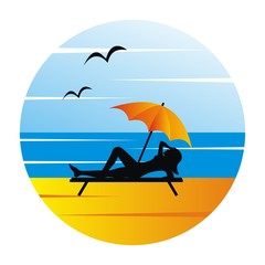 Happy summer, woman on beach deck and parasol,vector icon.Circle frame. At background sea and birds on the sky.