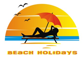 woman on beach deck and parasol, vector icon