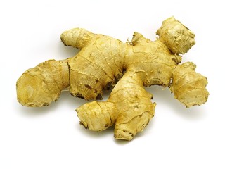 Mature ginger rhizome isolated on white background. Root of Zingiber Officinale. Use as healthy food ingredient or spice, herbal plants, traditional medicine, plant extract for aroma therapy.
