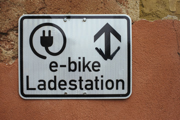 GERMAN ROAD SIGN FOR E-BIKE CHARGING, 02th of December 2017, Ochsenfurth/ Bavaria/ Germany/ Europe