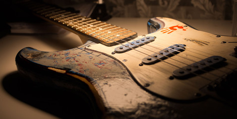 Old electric guitar close up shot