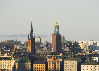 Old town and city hall tower in Stockholm, Sweden