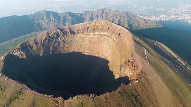 Aerial view, Full crater of the volcano Vesuvius, Italy, Naples, Epic volcano footage from height