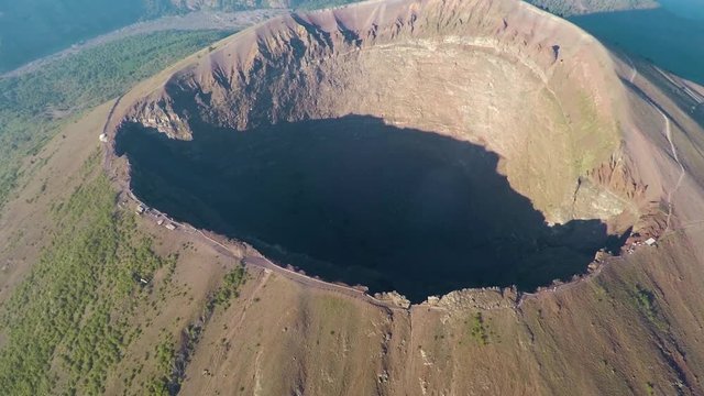 Aerial view, Full crater of the volcano Vesuvius, Italy, Naples, Epic volcano footage from height