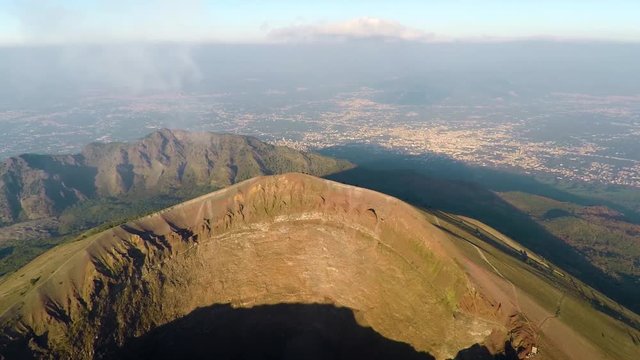 Aerial view, Full crater of the volcano Vesuvius, Italy, Naples, Epic volcano footage from height