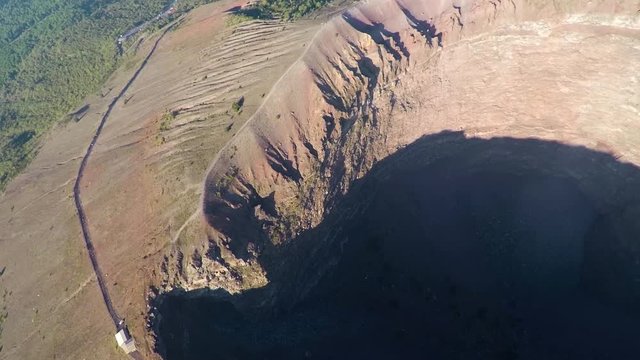 Aerial view, Full crater of the volcano Vesuvius, Italy, Naples, Epic volcano footage from height