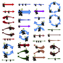 Set of colored vector arrows with black currants. The original arrow-shaped elements of different colors. Vector illustration
