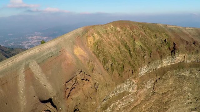 Aerial view, Full crater of the volcano Vesuvius, Italy, Naples, Epic volcano footage from height