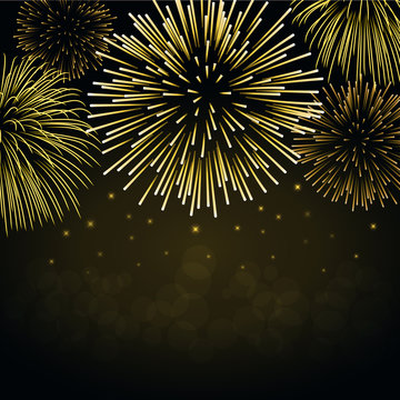Firework gold sparkle background card. Beautiful bright fireworks isolated on black background. Light golden decoration firework for Christmas card, New Year celebration. Vector illustration