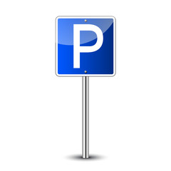 Parking road sign blank. Parking place for car. Transport park zone. Roadsign regulation. Transportation parking place. Glossy blue icon for street parking. Guidepost metal pole. Vector illustration