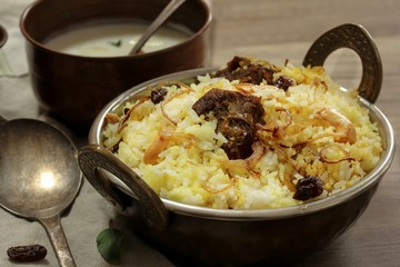 Homemade Beef Biryani served with Yogurt dip