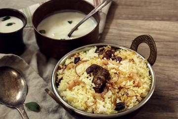 Homemade Beef Biryani served with Yogurt dip