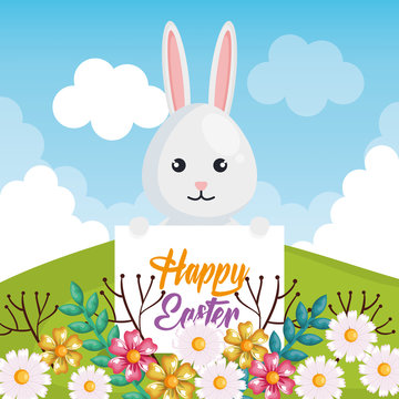 rabbit and flowers easter celebration poster vector illustration design