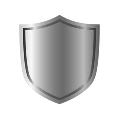 Silver shield shape icon. 3D gray emblem sign isolated on white background. Symbol of security, power, protection. Badge shape shield graphic design. Vector illustration