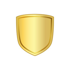 Gold shield shape icon. 3D golden emblem sign isolated on white background. Symbol of security, power, protection. Badge shape shield graphic design. Vector illustration