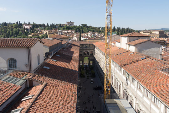 The Uffizi Gallery in a sunny day. View from Palazzo Vecchio. Florence, Tuscany, Italy.