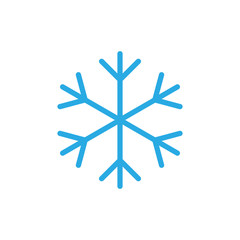 Snowflake icon. Blue silhouette snow flake sign, isolated on white background. Flat design. Symbol of winter, frozen, Christmas, New Year holiday. Graphic element decoration Vector illustration