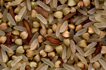 Multigrain - long grain rice, wholegrain red rice, buckwheat. Raw ingredient.